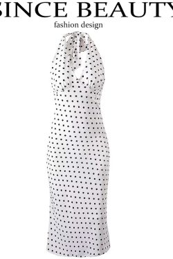 Vintage White Polka Dot Halter Neck Dress for Women - 2025 Summer Backless Style, Chic French Retro Design