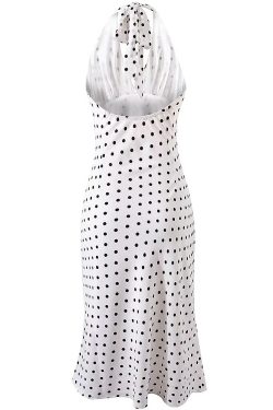 Vintage White Polka Dot Halter Neck Dress for Women - 2025 Summer Backless Style, Chic French Retro Design
