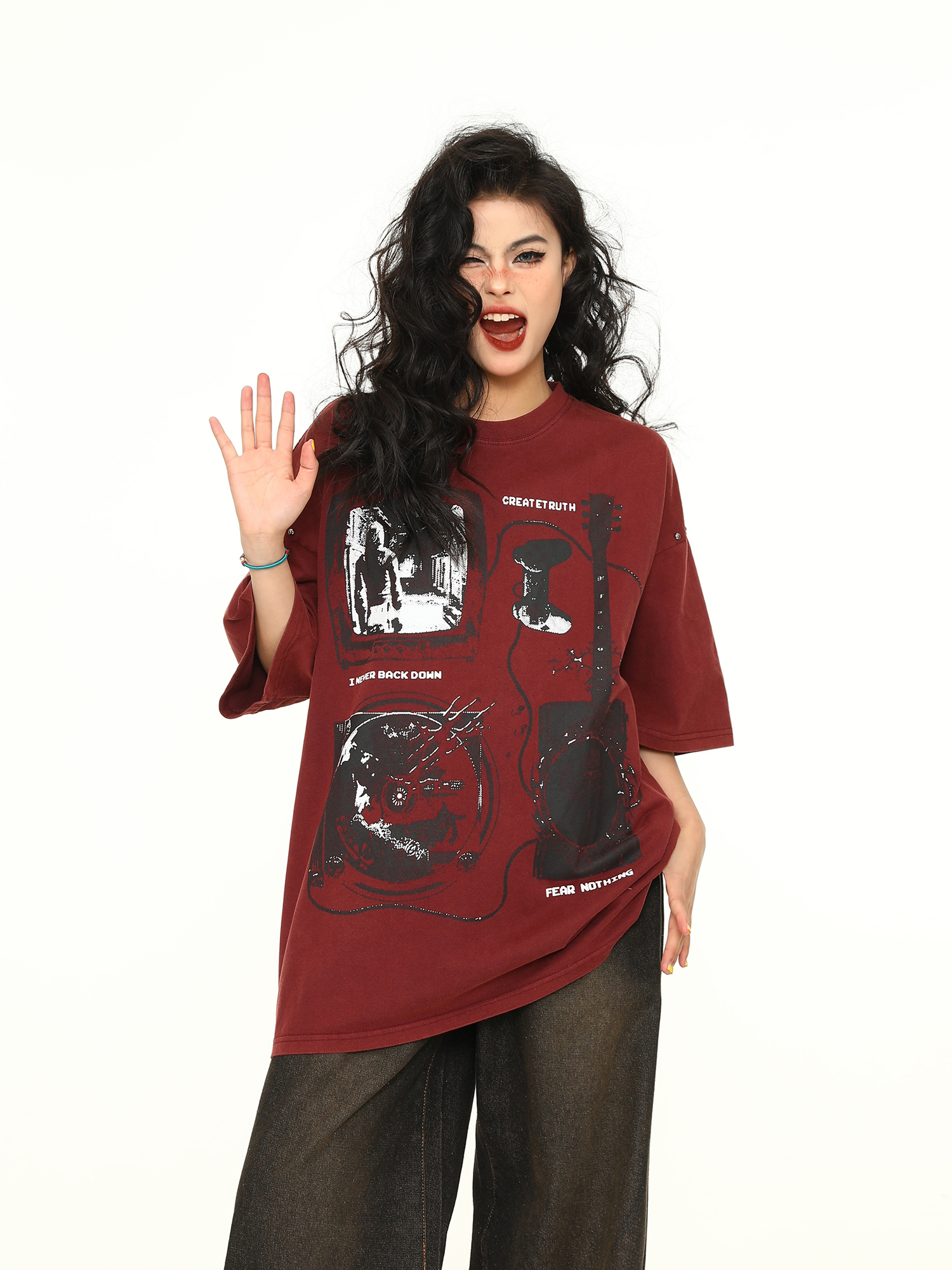 Vintage Wine Red Oversized Short-Sleeve T-Shirt for Men and Women, American Street Style Couple Top, Trendy 90s A-Zi Fashion Vintage Wine Red Oversized Short-Sleeve T-Shirt for Men and Women, American Street Style Couple Top, Trendy 90s A-Zi Fashion