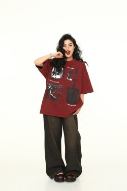 Vintage Wine Red Oversized Short-Sleeve T-Shirt for Men and Women, American Street Style Couple Top, Trendy 90s A-Zi Fashion