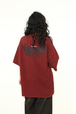 Vintage Wine Red Oversized Short-Sleeve T-Shirt for Men and Women, American Street Style Couple Top, Trendy 90s A-Zi Fashion