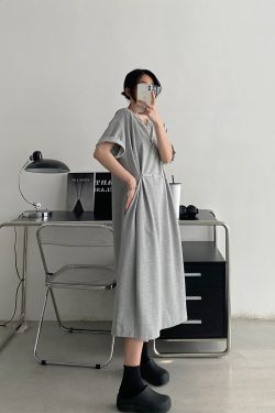 Waist-Cinching Buttoned T-Shirt Dress for Women - Casual Split Design, Short Sleeve, Loose Fit, Spring/Summer Grapefruit Style