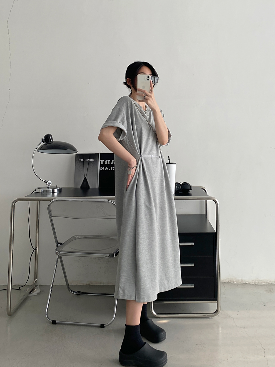 Waist-Cinching Buttoned T-Shirt Dress for Women - Casual Split Design, Short Sleeve, Loose Fit, Spring/Summer Grapefruit Style Waist-Cinching Buttoned T-Shirt Dress for Women - Casual Split Design, Short Sleeve, Loose Fit, Spring/Summer Grapefruit Style
