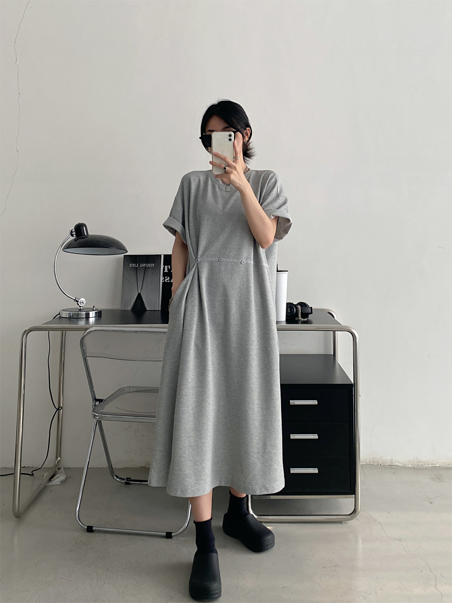 Waist-Cinching Buttoned T-Shirt Dress for Women - Casual Split Design, Short Sleeve, Loose Fit, Spring/Summer Grapefruit Style Waist-Cinching Buttoned T-Shirt Dress for Women - Casual Split Design, Short Sleeve, Loose Fit, Spring/Summer Grapefruit Style