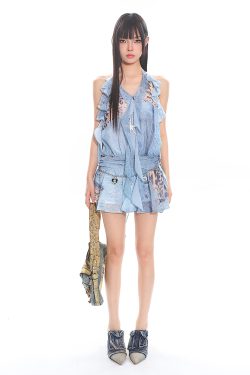 Waist-Cinching Slimming Lace Dress with Denim Print, Tulle Ribbons, and Hot Girl Style - Trendy Y2K Fashion Statement Dress