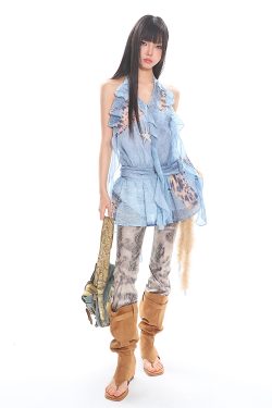 Waist-Cinching Slimming Lace Dress with Denim Print, Tulle Ribbons, and Hot Girl Style - Trendy Y2K Fashion Statement Dress