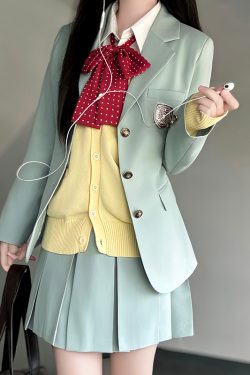 Waist-Defined Blazer Set in Ice Moss - Women's JK Uniform Style for Spring College Looks - Trendy Pudding Bear Design