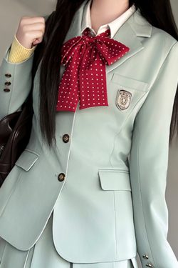 Waist-Defined Blazer Set in Ice Moss - Women's JK Uniform Style for Spring College Looks - Trendy Pudding Bear Design