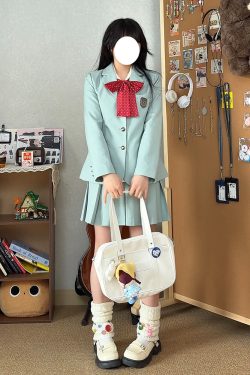 Waist-Defined Blazer Set in Ice Moss - Women's JK Uniform Style for Spring College Looks - Trendy Pudding Bear Design