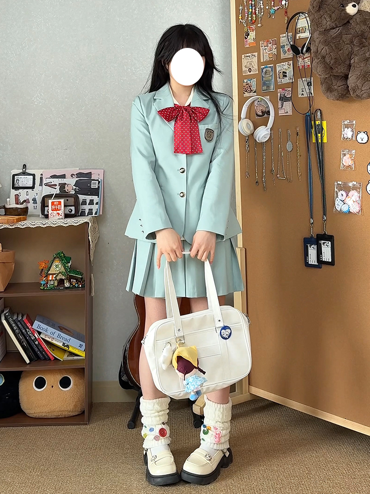 Waist-Defined Blazer Set in Ice Moss - Women's JK Uniform Style for Spring College Looks - Trendy Pudding Bear Design Waist-Defined Blazer Set in Ice Moss - Women's JK Uniform Style for Spring College Looks - Trendy Pudding Bear Design