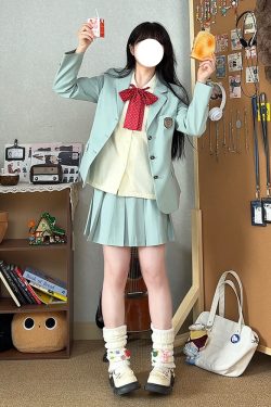 Waist-Defined Blazer Set in Ice Moss - Women's JK Uniform Style for Spring College Looks - Trendy Pudding Bear Design
