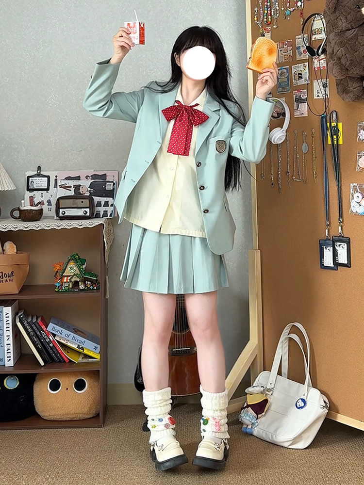 Waist-Defined Blazer Set in Ice Moss - Women's JK Uniform Style for Spring College Looks - Trendy Pudding Bear Design Waist-Defined Blazer Set in Ice Moss - Women's JK Uniform Style for Spring College Looks - Trendy Pudding Bear Design