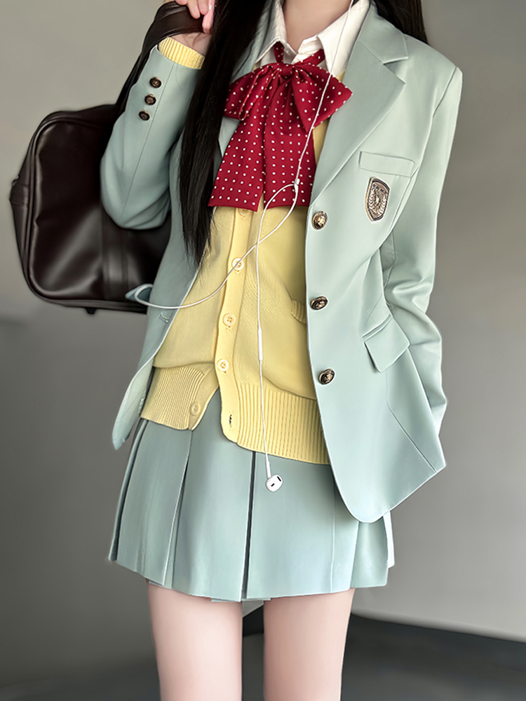 Waist-Defined Blazer Set in Ice Moss - Women's JK Uniform Style for Spring College Looks - Trendy Pudding Bear Design Waist-Defined Blazer Set in Ice Moss - Women's JK Uniform Style for Spring College Looks - Trendy Pudding Bear Design