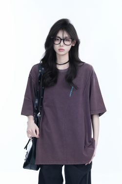 Washed Black Loose-Fit Short Sleeve T-Shirt for Women with Embroidered Half Sleeves – American Street Style, Casual 90s Aesthetic