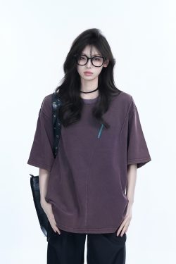 Washed Black Loose-Fit Short Sleeve T-Shirt for Women with Embroidered Half Sleeves – American Street Style, Casual 90s Aesthetic