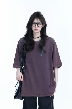 Washed Black Loose-Fit Short Sleeve T-Shirt for Women with Embroidered Half Sleeves – American Street Style, Casual 90s Aesthetic