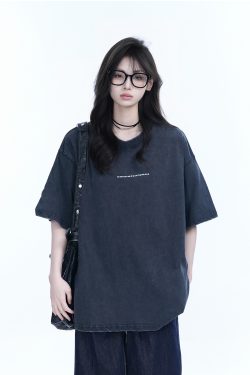 Washed Distressed Short Sleeve T-Shirt for Women - American Street Style with Unique Loose Round Neck