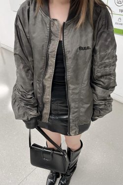 Wasteland Style Flight Jacket - Unisex Loose Baseball Jacket in Dirty Color, American Streetwear for Couples, Trendy 90s Fashion