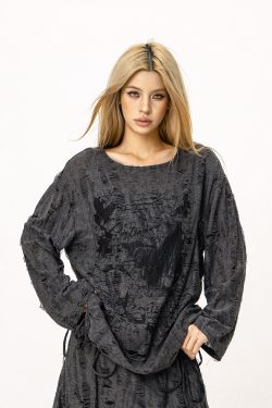 Wasteland Style Ripped Hoodie - Long Sleeve Drawstring Jazz Dance Top for Hot Girls - Casual Loose Fit