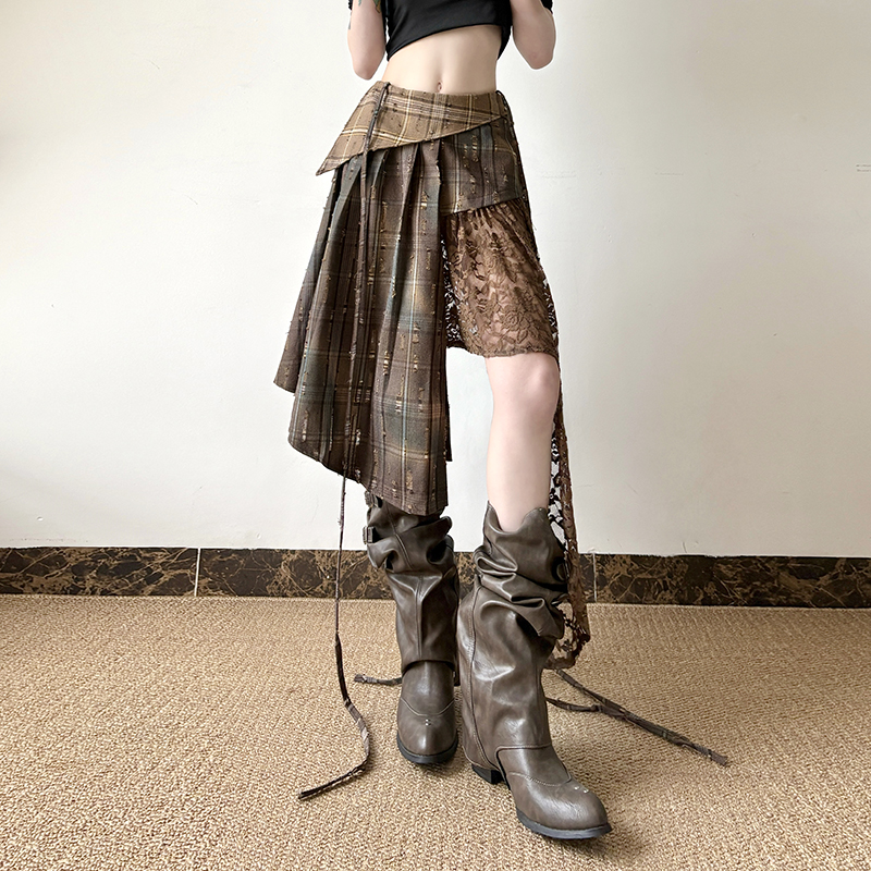 Wasteland Ultra-Complex Splicing Design Half Skirt for Women - Irregular Checkered Niche Pleated Skirt, Y2K Fashion Wasteland Ultra-Complex Splicing Design Half Skirt for Women - Irregular Checkered Niche Pleated Skirt, Y2K Fashion