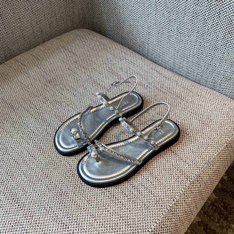 Water Drill Pearl Toe-Post Flat Sandals for Women - 2025 Summer Fairy Temperament Versatile Roman Style Shoes Water Drill Pearl Toe-Post Flat Sandals for Women - 2025 Summer Fairy Temperament Versatile Roman Style Shoes