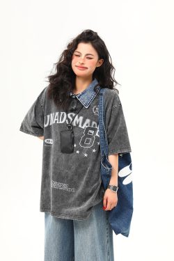 Water-Washed Heavyweight Denim Collar Short Sleeve T-Shirt for Men and Women - Summer American Retro Trendy Tee