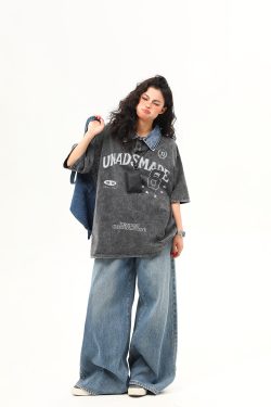 Water-Washed Heavyweight Denim Collar Short Sleeve T-Shirt for Men and Women - Summer American Retro Trendy Tee