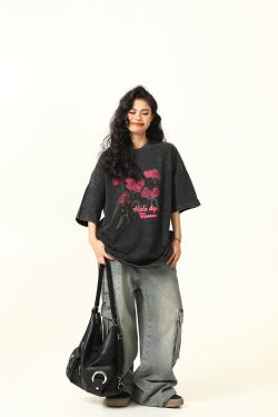 Water Washed Vintage Rose Print Short Sleeve T-Shirt for Men and Women - Summer Loose Trendy Streetwear Couple Top