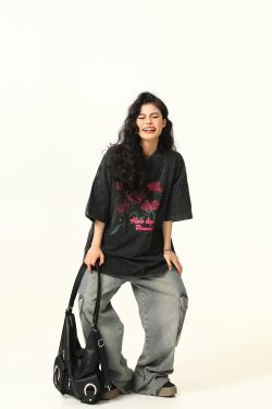 Water Washed Vintage Rose Print Short Sleeve T-Shirt for Men and Women - Summer Loose Trendy Streetwear Couple Top