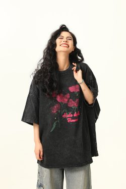 Water Washed Vintage Rose Print Short Sleeve T-Shirt for Men and Women - Summer Loose Trendy Streetwear Couple Top