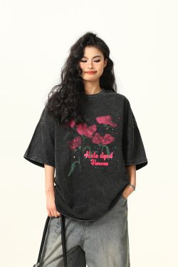 Water Washed Vintage Rose Print Short Sleeve T-Shirt for Men and Women - Summer Loose Trendy Streetwear Couple Top