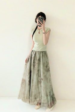 Watercolor Ink Print Large Swing Half-Length Skirt with Cicada Wing Texture - Green Women's Summer 2025 Gradient Printed Long Skirt