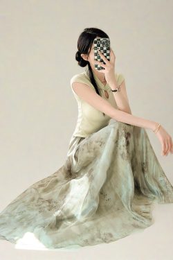 Watercolor Ink Print Large Swing Half-Length Skirt with Cicada Wing Texture - Green Women's Summer 2025 Gradient Printed Long Skirt