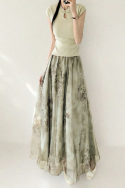 Watercolor Ink Print Large Swing Half-Length Skirt with Cicada Wing Texture - Green Women's Summer 2025 Gradient Printed Long Skirt