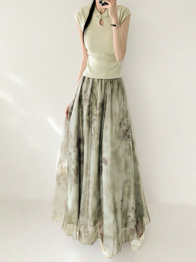 Watercolor Ink Print Large Swing Half-Length Skirt with Cicada Wing Texture - Green Women's Summer 2025 Gradient Printed Long Skirt Watercolor Ink Print Large Swing Half-Length Skirt with Cicada Wing Texture - Green Women's Summer 2025 Gradient Printed Long Skirt