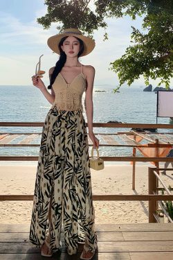 Watercolor Printed Wide-Leg Pants - Ethnic Resort Beach Style, Chiffon Fabric, Thai Skirt Design for Vacation & Summer Outfits