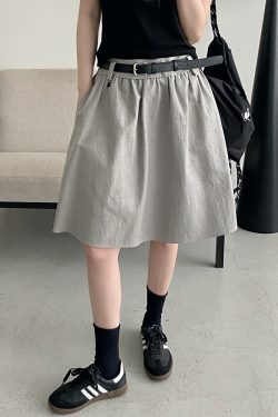 White A-Line Half Skirt with Belt for Women - Summer Mid-Length Skirt, Hip-Covering Slim Fit, Trendy Sun Grapefruit Style