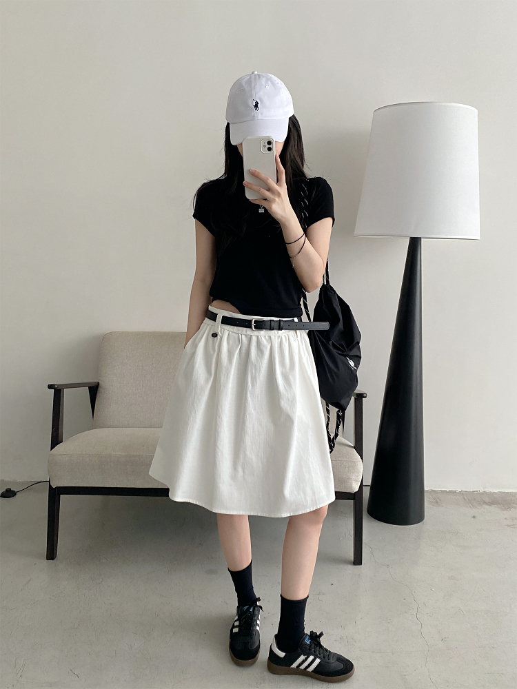 White A-Line Half Skirt with Belt for Women - Summer Mid-Length Skirt, Hip-Covering Slim Fit, Trendy Sun Grapefruit Style White A-Line Half Skirt with Belt for Women - Summer Mid-Length Skirt, Hip-Covering Slim Fit, Trendy Sun Grapefruit Style