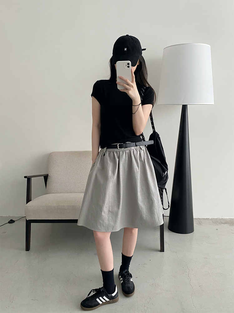 White A-Line Half Skirt with Belt for Women - Summer Mid-Length Skirt, Hip-Covering Slim Fit, Trendy Sun Grapefruit Style White A-Line Half Skirt with Belt for Women - Summer Mid-Length Skirt, Hip-Covering Slim Fit, Trendy Sun Grapefruit Style