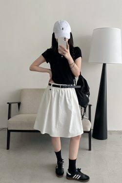 White A-Line Half Skirt with Belt for Women - Summer Mid-Length Skirt, Hip-Covering Slim Fit, Trendy Sun Grapefruit Style