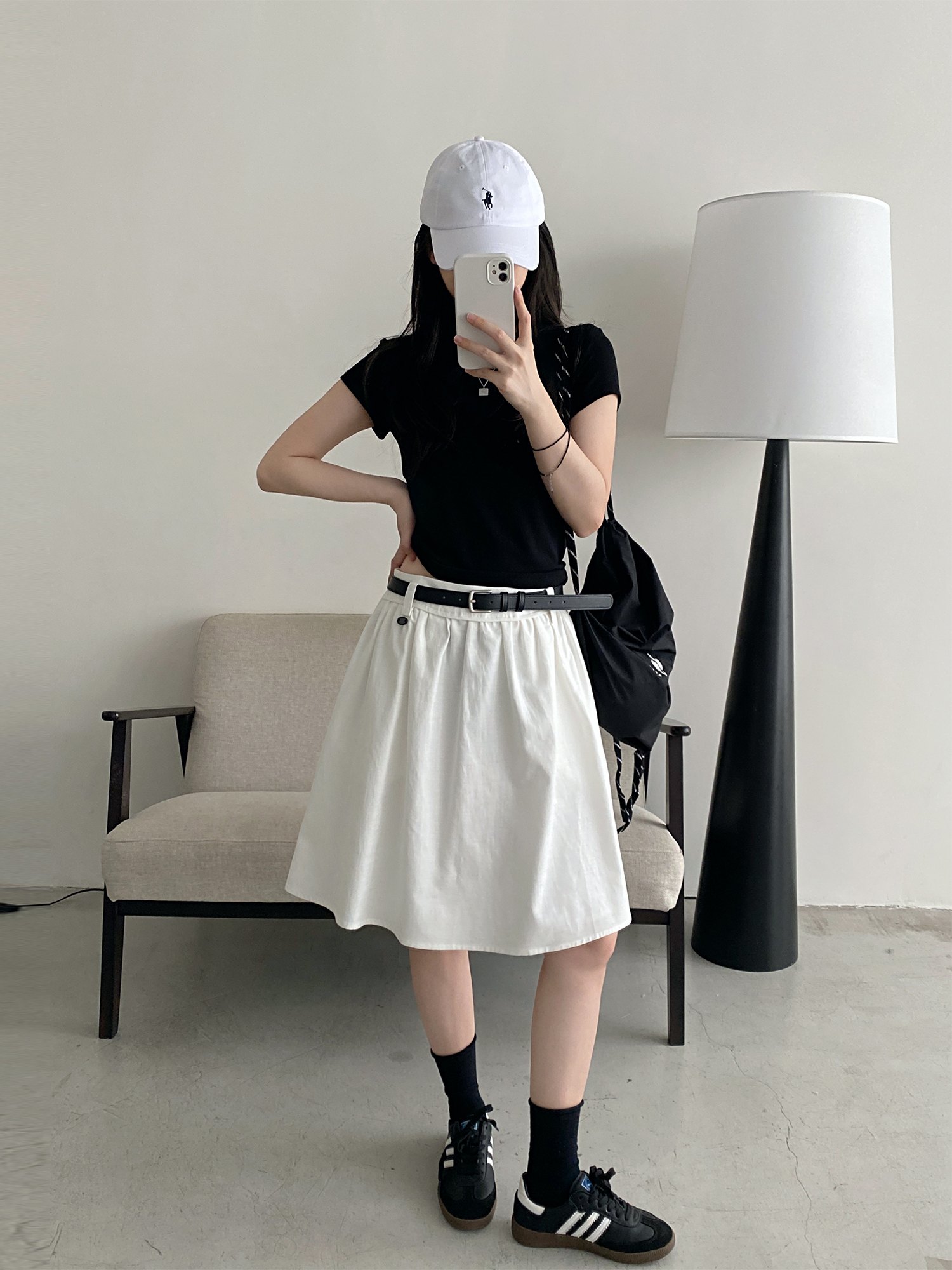 White A-Line Half Skirt with Belt for Women - Summer Mid-Length Skirt, Hip-Covering Slim Fit, Trendy Sun Grapefruit Style White A-Line Half Skirt with Belt for Women - Summer Mid-Length Skirt, Hip-Covering Slim Fit, Trendy Sun Grapefruit Style