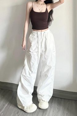 White Cargo Pants for Women - Loose Straight Wide-Leg Design with Drawstring, Versatile Sports Casual Parachute Style