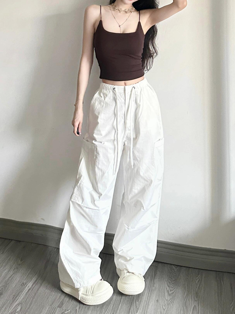 White Cargo Pants for Women - Loose Straight Wide-Leg Design with Drawstring, Versatile Sports Casual Parachute Style White Cargo Pants for Women - Loose Straight Wide-Leg Design with Drawstring, Versatile Sports Casual Parachute Style