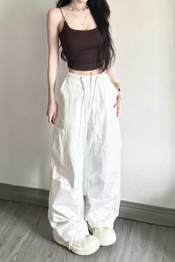 White Cargo Pants for Women - Loose Straight Wide-Leg Design with Drawstring, Versatile Sports Casual Parachute Style