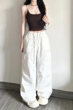 White Cargo Pants for Women - Loose Straight Wide-Leg Design with Drawstring, Versatile Sports Casual Parachute Style