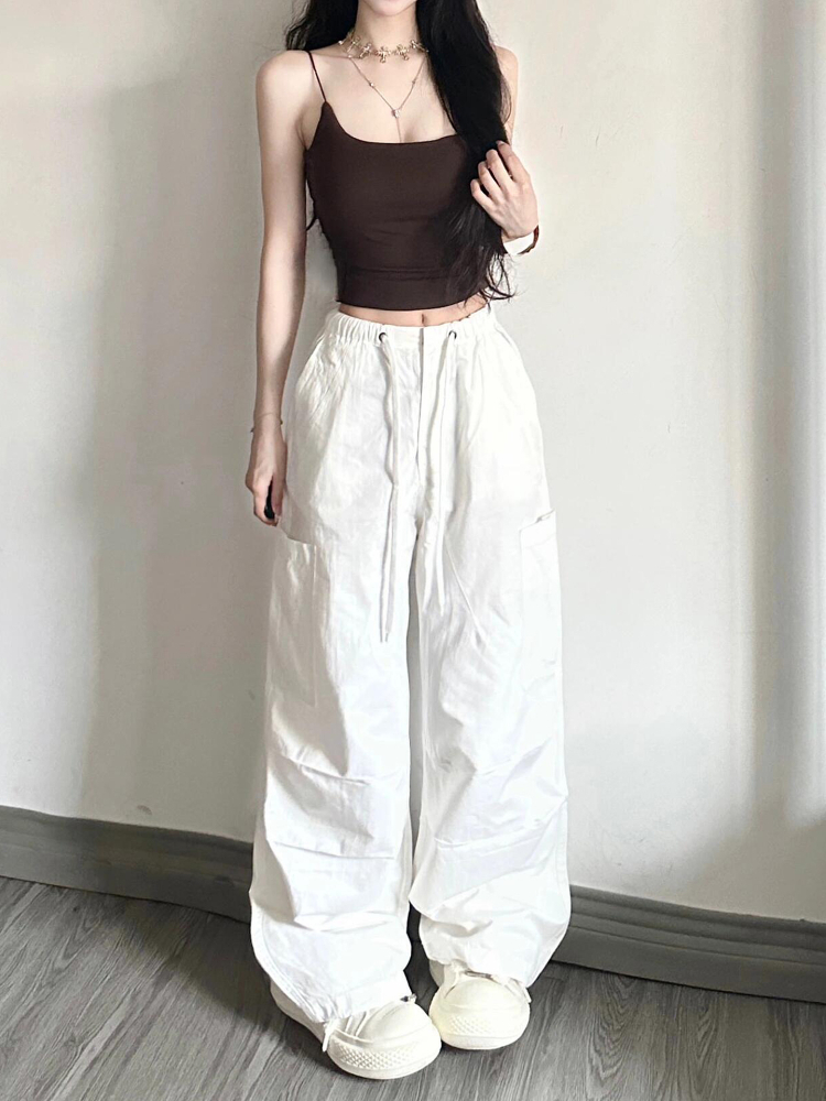 White Cargo Pants for Women - Loose Straight Wide-Leg Design with Drawstring, Versatile Sports Casual Parachute Style White Cargo Pants for Women - Loose Straight Wide-Leg Design with Drawstring, Versatile Sports Casual Parachute Style