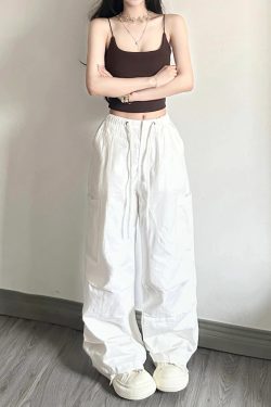 White Cargo Pants for Women - Loose Straight Wide-Leg Design with Drawstring, Versatile Sports Casual Parachute Style