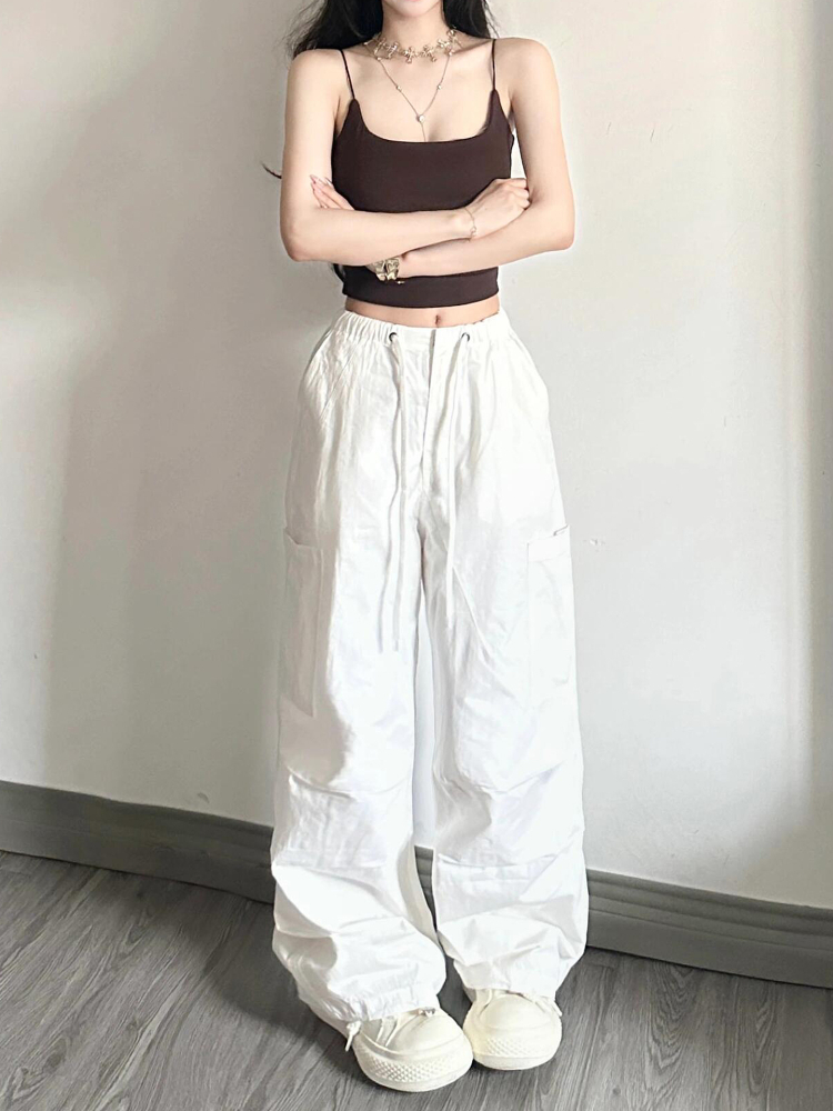 White Cargo Pants for Women - Loose Straight Wide-Leg Design with Drawstring, Versatile Sports Casual Parachute Style White Cargo Pants for Women - Loose Straight Wide-Leg Design with Drawstring, Versatile Sports Casual Parachute Style
