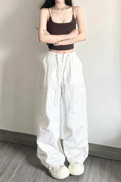 White Cargo Pants for Women - Loose Straight Wide-Leg Design with Drawstring, Versatile Sports Casual Parachute Style