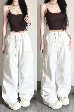 White Cargo Pants for Women - Loose Straight Wide-Leg Design with Drawstring, Versatile Sports Casual Parachute Style